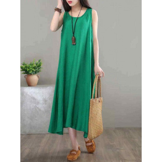 O-NEWE Casual Solid Embossing Sleeveless O-Neck Dress