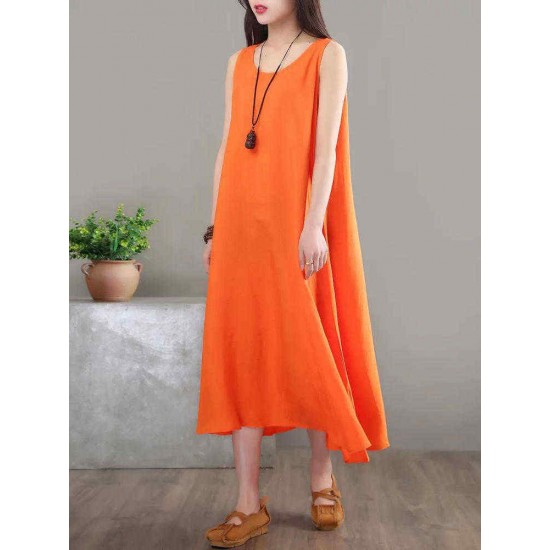 O-NEWE Casual Solid Embossing Sleeveless O-Neck Dress