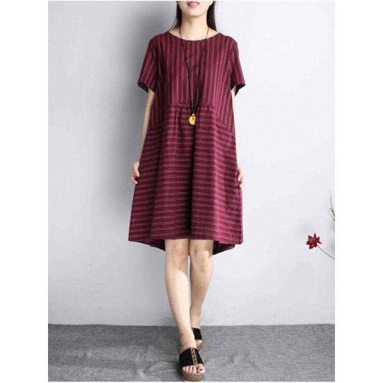 O-NEWE Casual Women Stripe Short Sleeve Dress