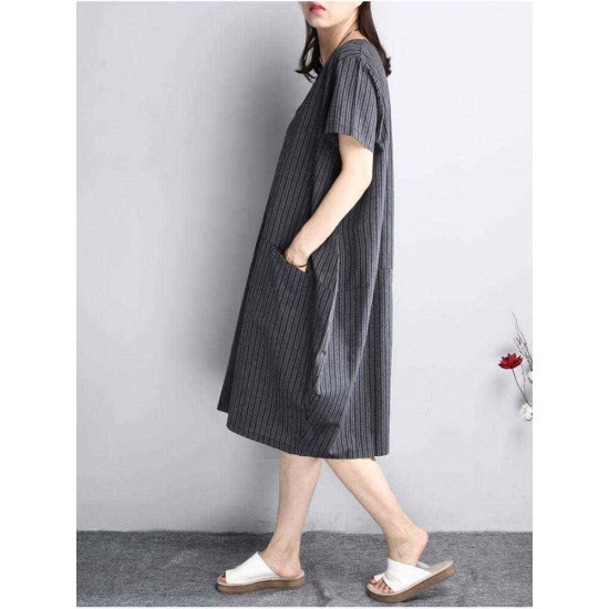 O-NEWE Casual Women Striped Pockets Asymmetrical Dress