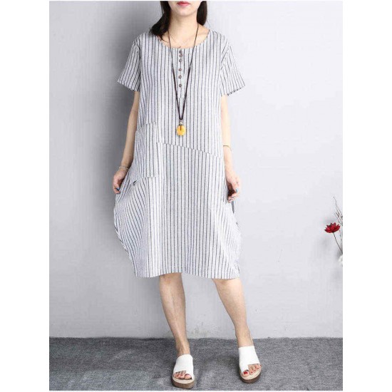 O-NEWE Casual Women Striped Pockets Asymmetrical Dress