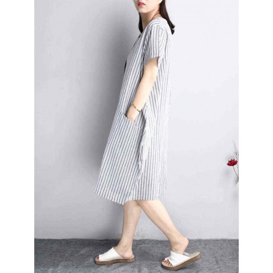 O-NEWE Casual Women Striped Pockets Asymmetrical Dress