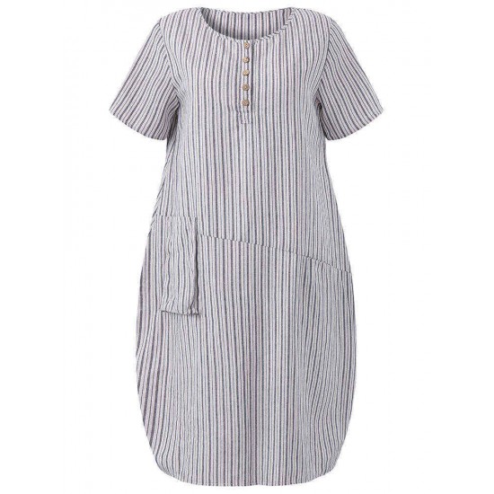 O-NEWE Casual Women Striped Pockets Asymmetrical Dress