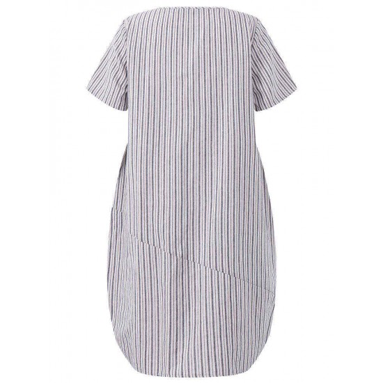 O-NEWE Casual Women Striped Pockets Asymmetrical Dress