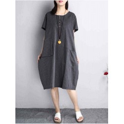 O-NEWE Casual Women Striped Pockets Asymmetrical Dress