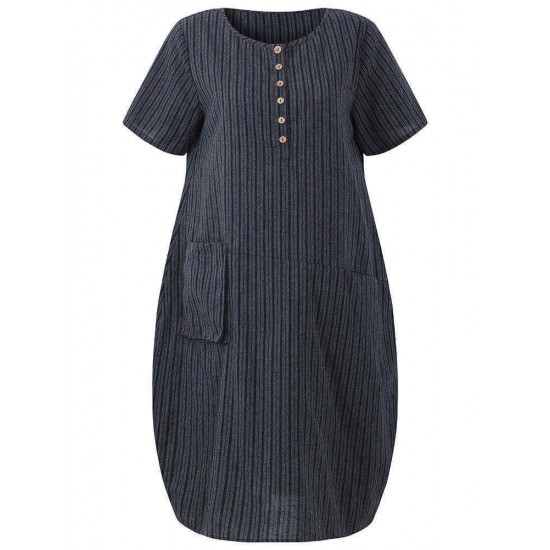 O-NEWE Casual Women Striped Pockets Asymmetrical Dress