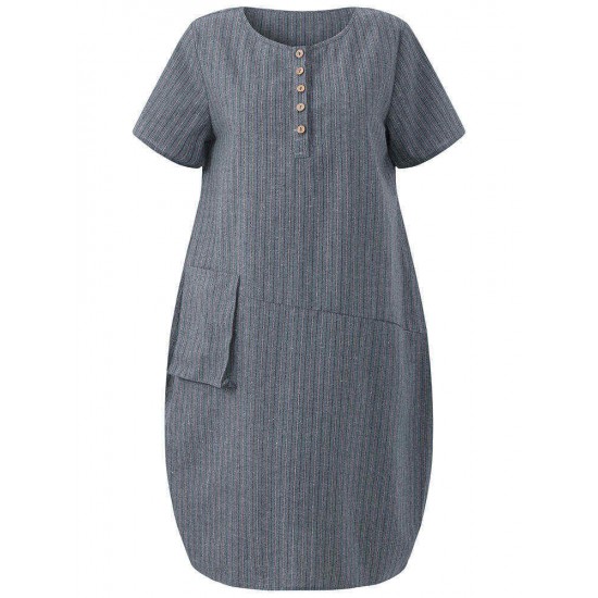 O-NEWE Casual Women Striped Pockets Asymmetrical Dress