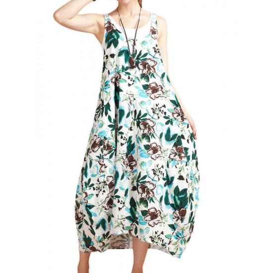 O-NEWE Chiness Style O-neck Sleeveless Floral Printed Dresses