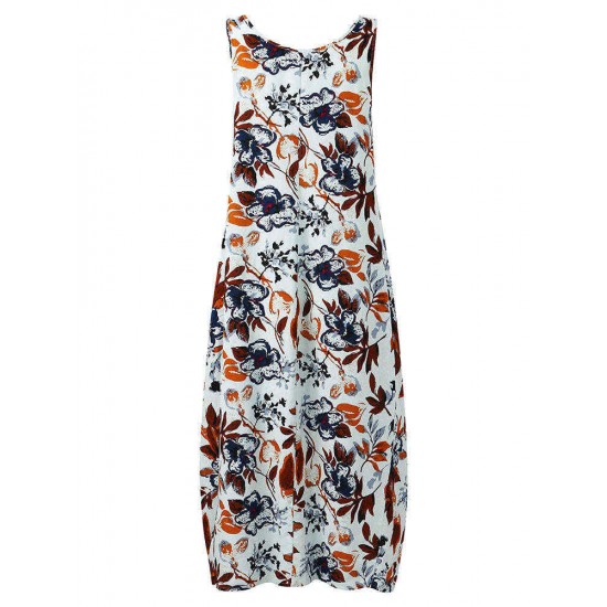 O-NEWE Chiness Style O-neck Sleeveless Floral Printed Dresses