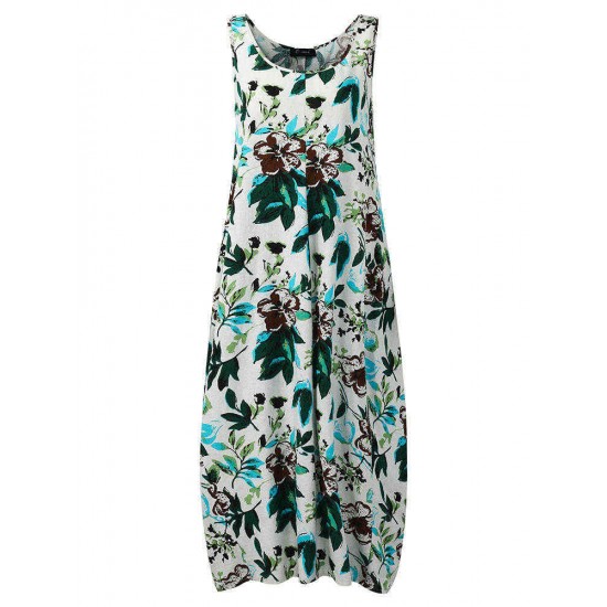 O-NEWE Chiness Style O-neck Sleeveless Floral Printed Dresses