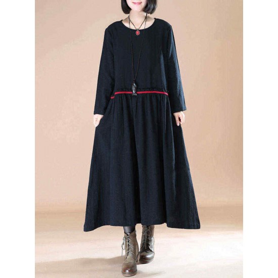 O-NEWE M-5XL Casual Women Color Block Solid Stitching Long Maxi Dress