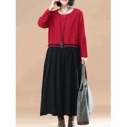 O-NEWE M-5XL Casual Women Color Block Solid Stitching Long Maxi Dress