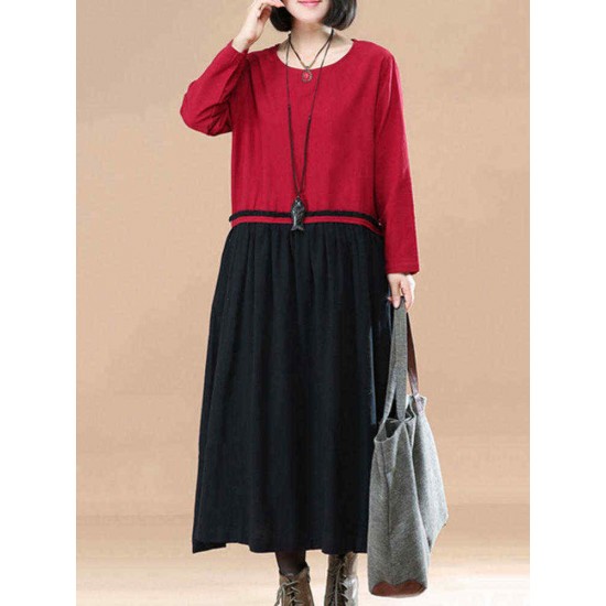 O-NEWE M-5XL Casual Women Color Block Solid Stitching Long Maxi Dress