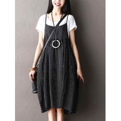 O-NEWE Plus Size Vintage Women Striped Printed Strap Sleeveless Dresses