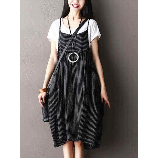 O-NEWE Plus Size Vintage Women Striped Printed Strap Sleeveless Dresses O-NEWE Plus Size Vintage Women Striped Printed Strap Sleeveless Dresses