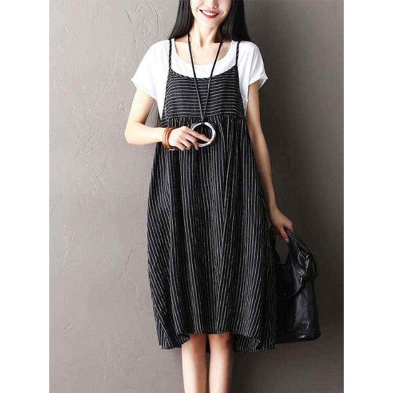 O-NEWE Plus Size Vintage Women Striped Printed Strap Sleeveless Dresses O-NEWE Plus Size Vintage Women Striped Printed Strap Sleeveless Dresses