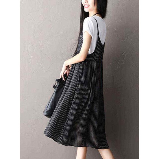 O-NEWE Plus Size Vintage Women Striped Printed Strap Sleeveless Dresses O-NEWE Plus Size Vintage Women Striped Printed Strap Sleeveless Dresses