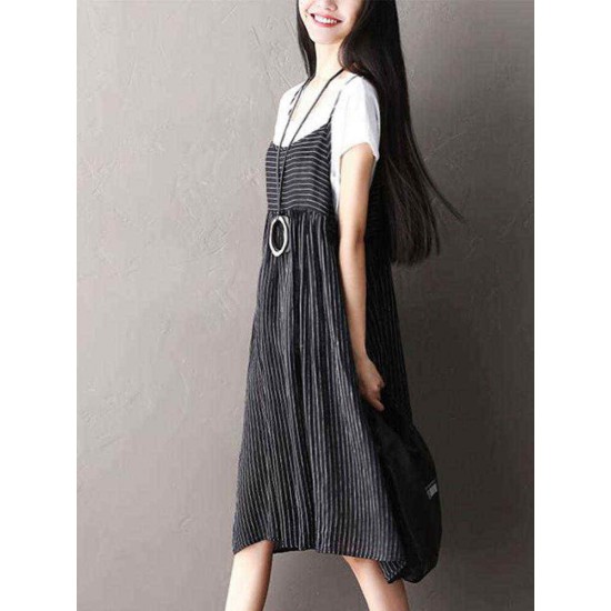 O-NEWE Plus Size Vintage Women Striped Printed Strap Sleeveless Dresses O-NEWE Plus Size Vintage Women Striped Printed Strap Sleeveless Dresses