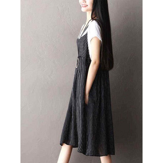 O-NEWE Plus Size Vintage Women Striped Printed Strap Sleeveless Dresses O-NEWE Plus Size Vintage Women Striped Printed Strap Sleeveless Dresses