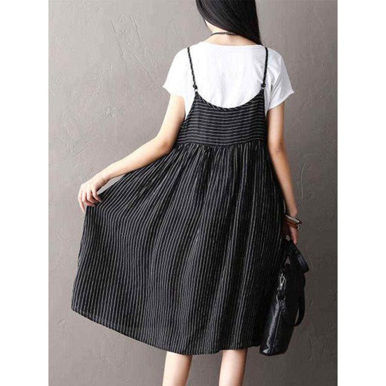 O-NEWE Plus Size Vintage Women Striped Printed Strap Sleeveless Dresses O-NEWE Plus Size Vintage Women Striped Printed Strap Sleeveless Dresses