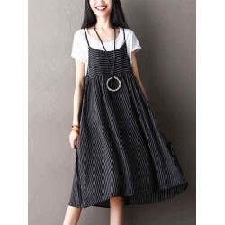 O-NEWE Plus Size Vintage Women Striped Printed Strap Sleeveless Dresses