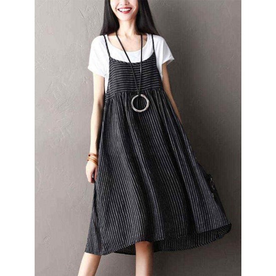 O-NEWE Plus Size Vintage Women Striped Printed Strap Sleeveless Dresses O-NEWE Plus Size Vintage Women Striped Printed Strap Sleeveless Dresses
