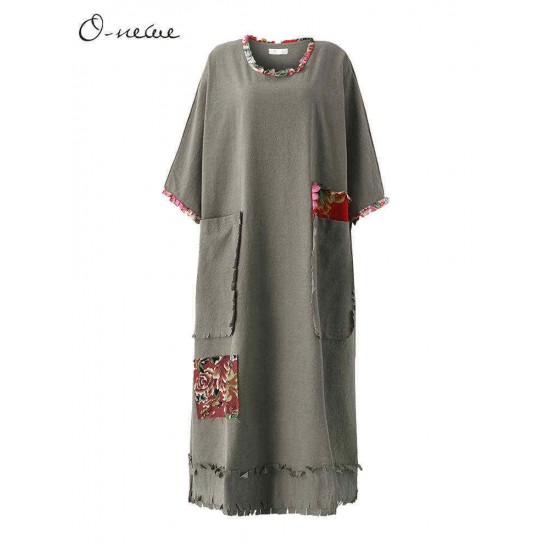 O-NEWE S-5XL Vintage Women Flower Printed Patchwork Maxi Dress