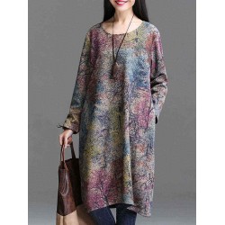 O-NEWE Vintage Women Printed Long Sleeves O-Neck Dresses