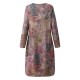 O-NEWE Vintage Women Printed Long Sleeves O-Neck Dresses