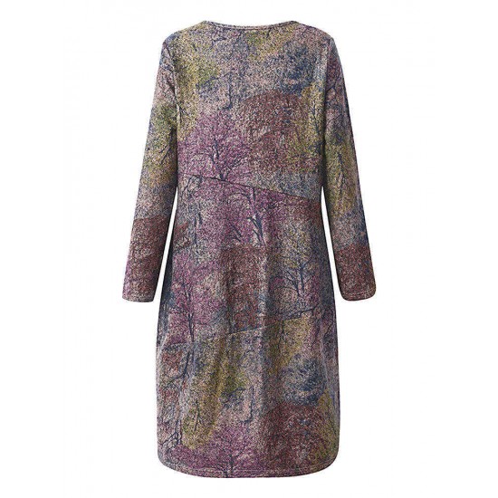 O-NEWE Vintage Women Printed Long Sleeves O-Neck Dresses