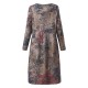 O-NEWE Vintage Women Printed Long Sleeves O-Neck Dresses