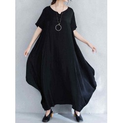 O-NEWE Vintage Women Short Sleeve Loose Maxi Dress