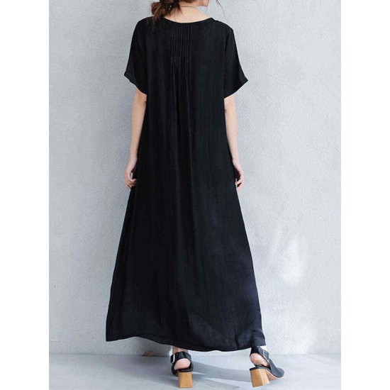 O-NEWE Vintage Women Short Sleeve Loose Maxi Dress