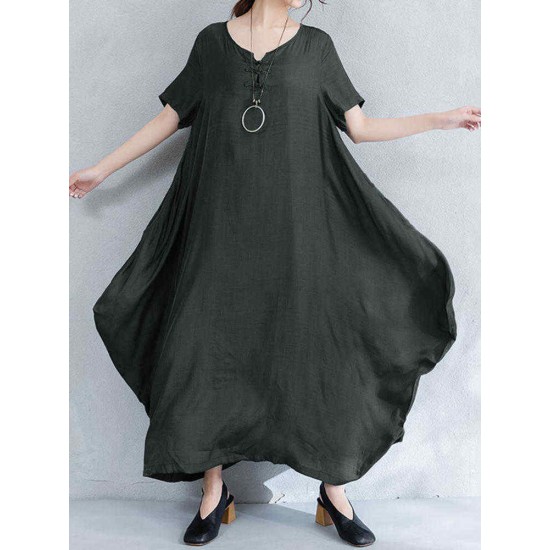 O-NEWE Vintage Women Short Sleeve Loose Maxi Dress