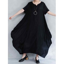 O-NEWE Vintage Women Short Sleeve Loose Maxi Dress