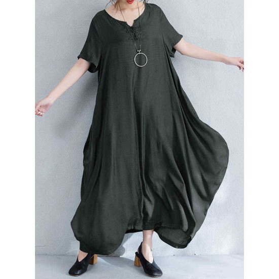 O-NEWE Vintage Women Short Sleeve Loose Maxi Dress