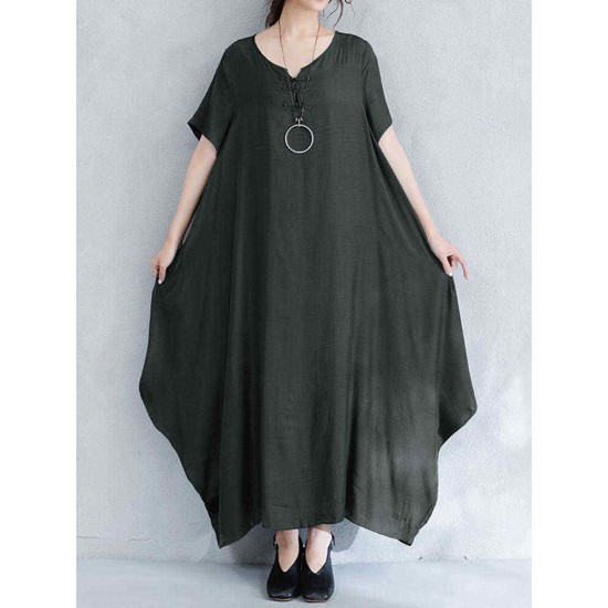 O-NEWE Vintage Women Short Sleeve Loose Maxi Dress