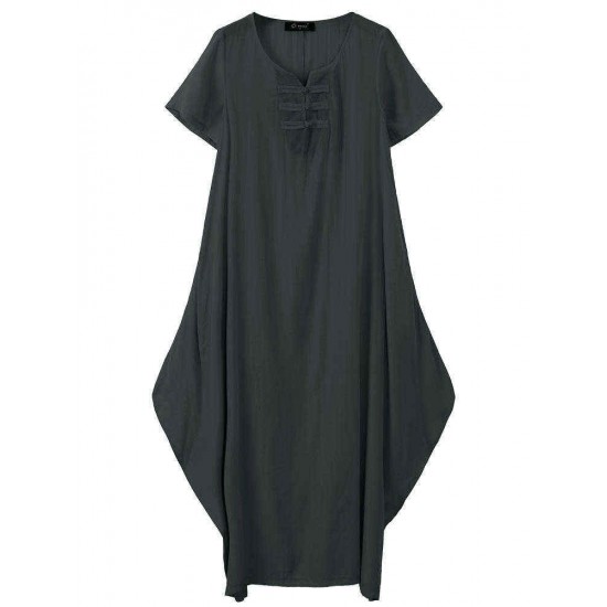 O-NEWE Vintage Women Short Sleeve Loose Maxi Dress