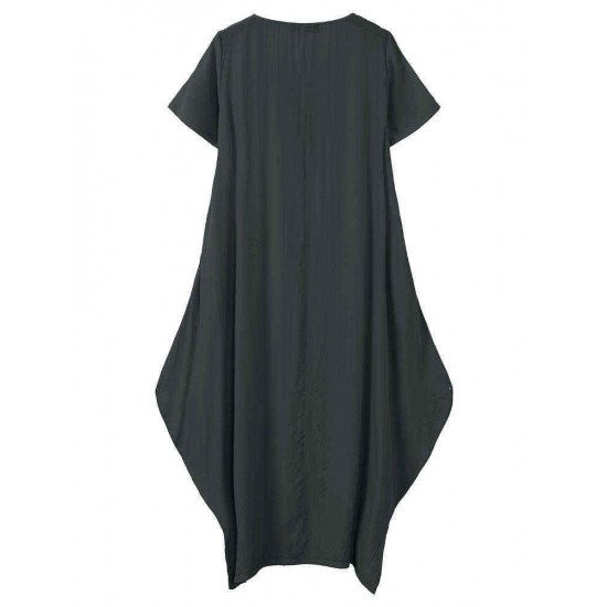 O-NEWE Vintage Women Short Sleeve Loose Maxi Dress