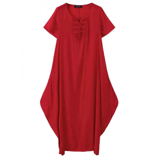 O-NEWE Vintage Women Short Sleeve Loose Maxi Dress