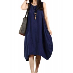 O-Newe Casual Women Solid Sleeveless Pockets Lantern Dress