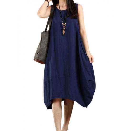 O-Newe Casual Women Solid Sleeveless Pockets Lantern Dress