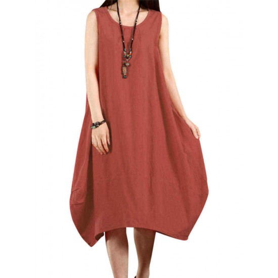 O-Newe Casual Women Solid Sleeveless Pockets Lantern Dress