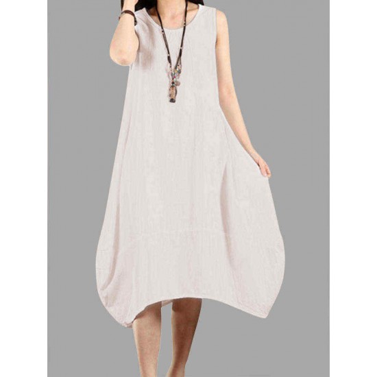 O-Newe Casual Women Solid Sleeveless Pockets Lantern Dress