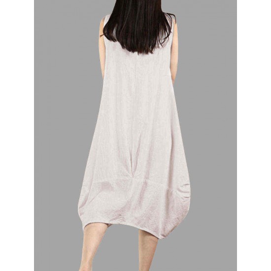 O-Newe Casual Women Solid Sleeveless Pockets Lantern Dress