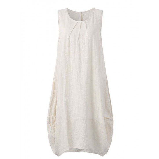 O-Newe Casual Women Solid Sleeveless Pockets Lantern Dress