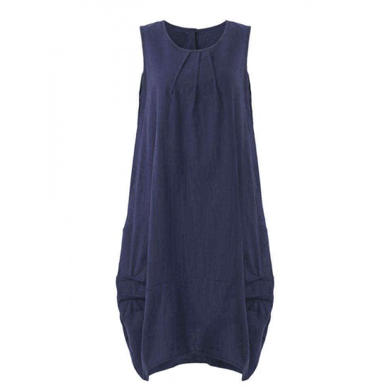 O-Newe Casual Women Solid Sleeveless Pockets Lantern Dress