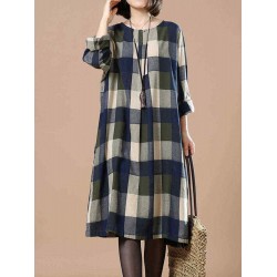 O-Newe Plus Size Women Plaid O-Neck Dress