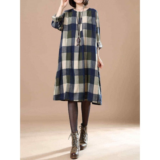 O-Newe Plus Size Women Plaid O-Neck Dress