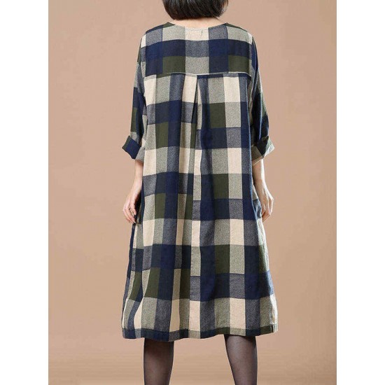 O-Newe Plus Size Women Plaid O-Neck Dress